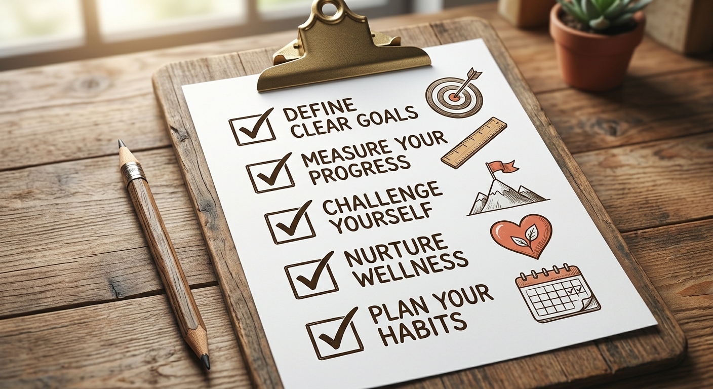 Clipboard with five checked items shown as a target, ruler, flag, heart and calendar, representing SMART goals.