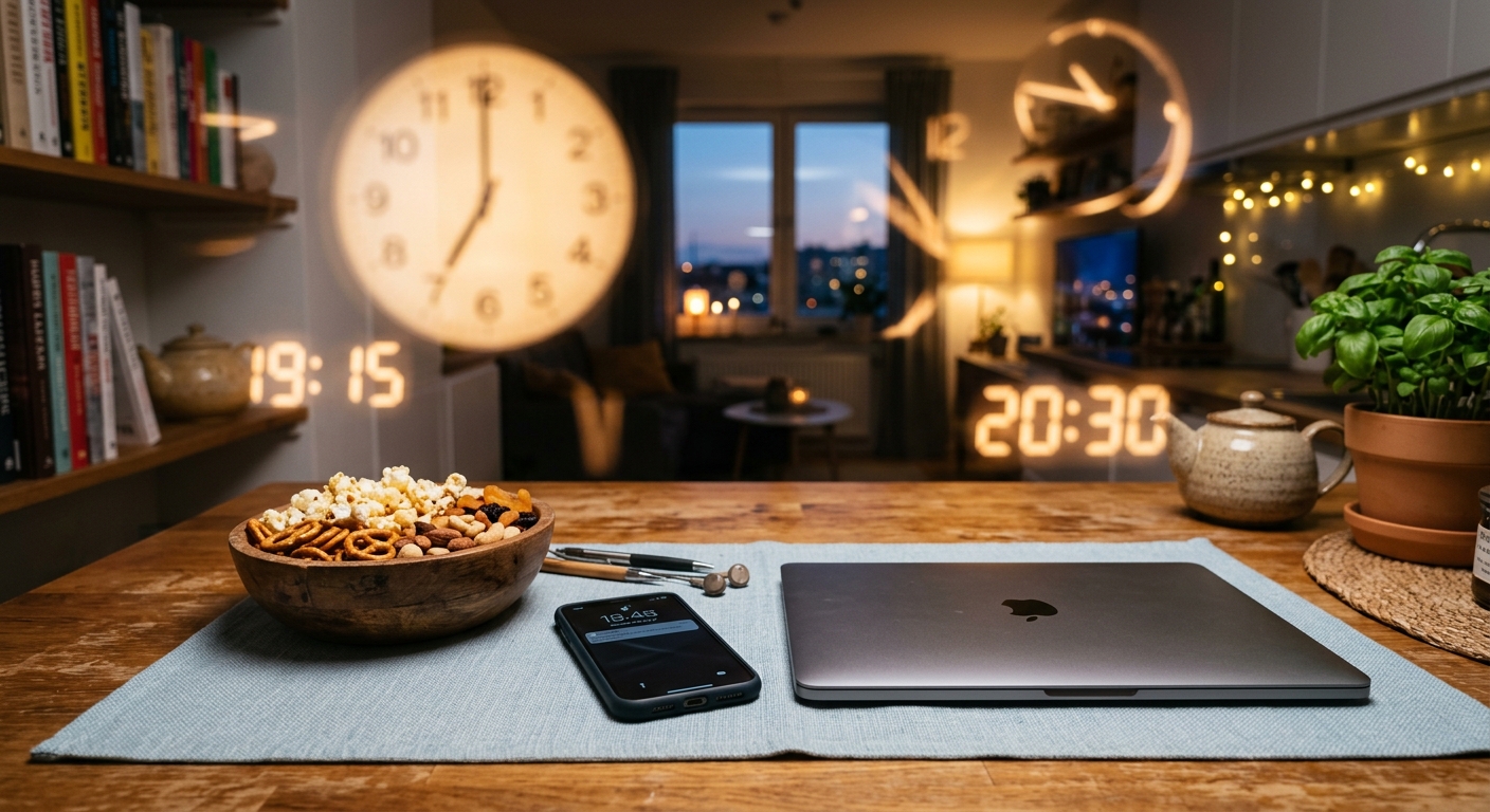 Kitchen table with a snack bowl, phone, and closed laptop, suggesting eating during a stressful evening.