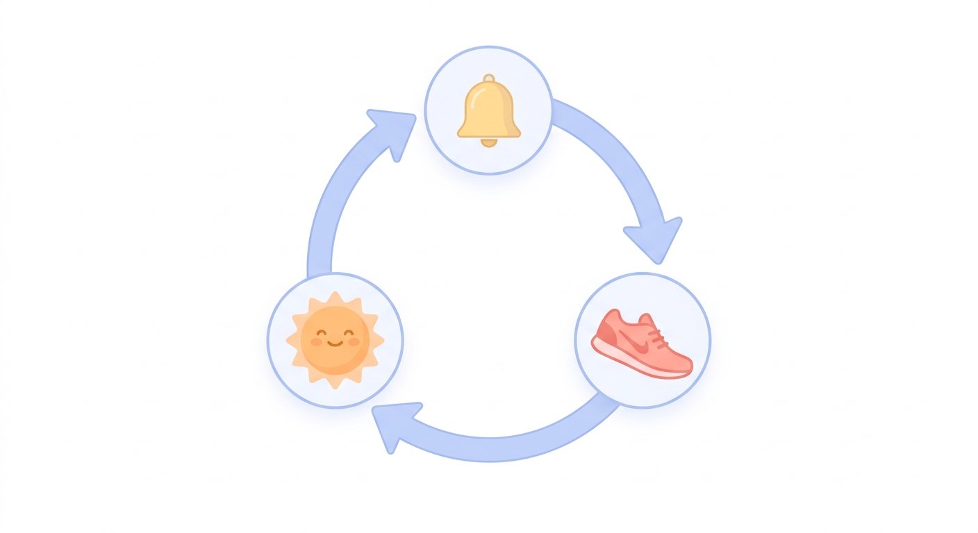 A circular diagram of three icons, a bell, a sneaker and a smiling sun, linked by arrows to show a cue leading to a routine and a reward.
