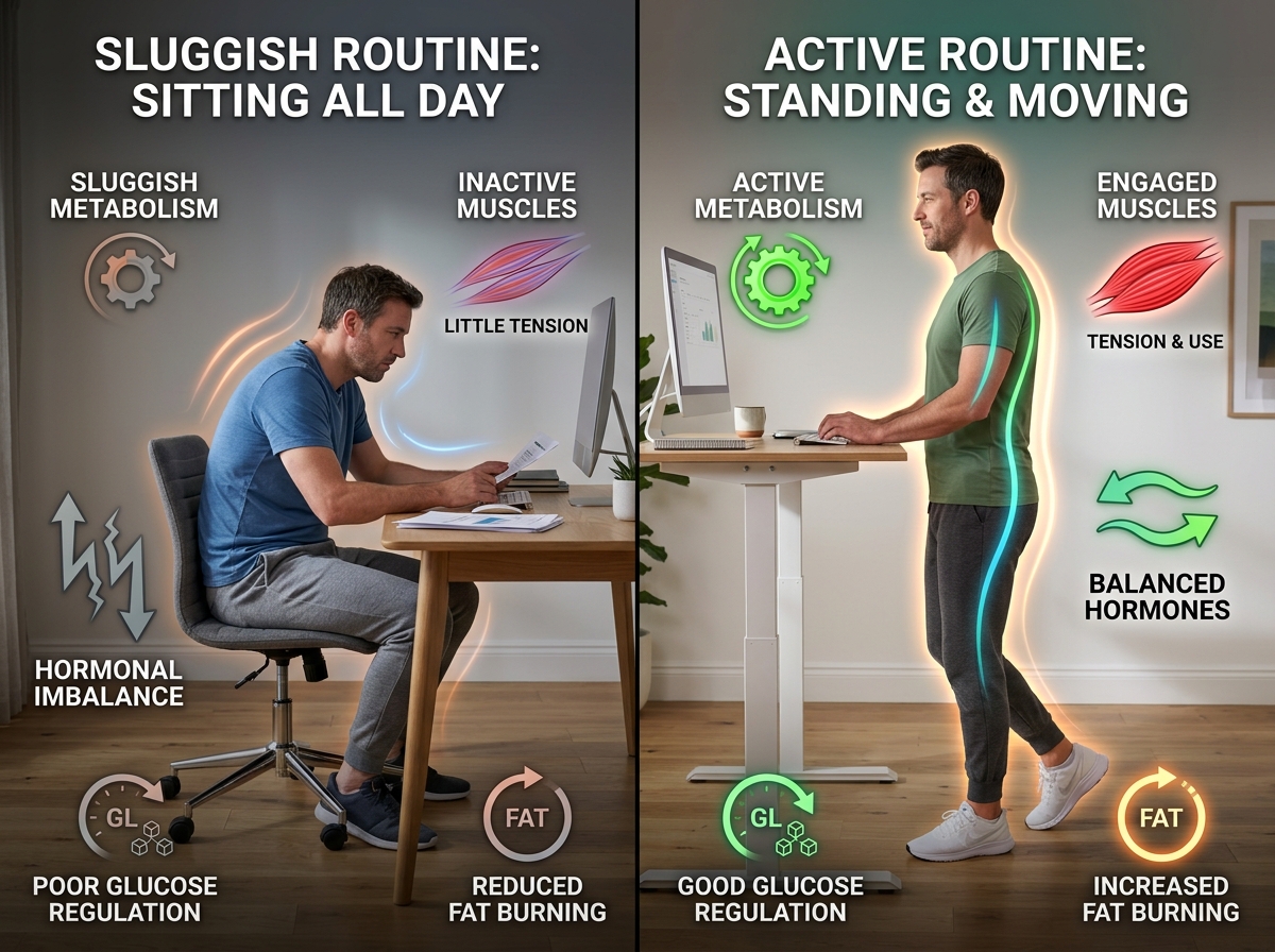Split-screen comparison showing the effects of sedentary behavior (prolonged sitting) on metabolism and weight gain versus the benefits of regular movement and reduced sitting time