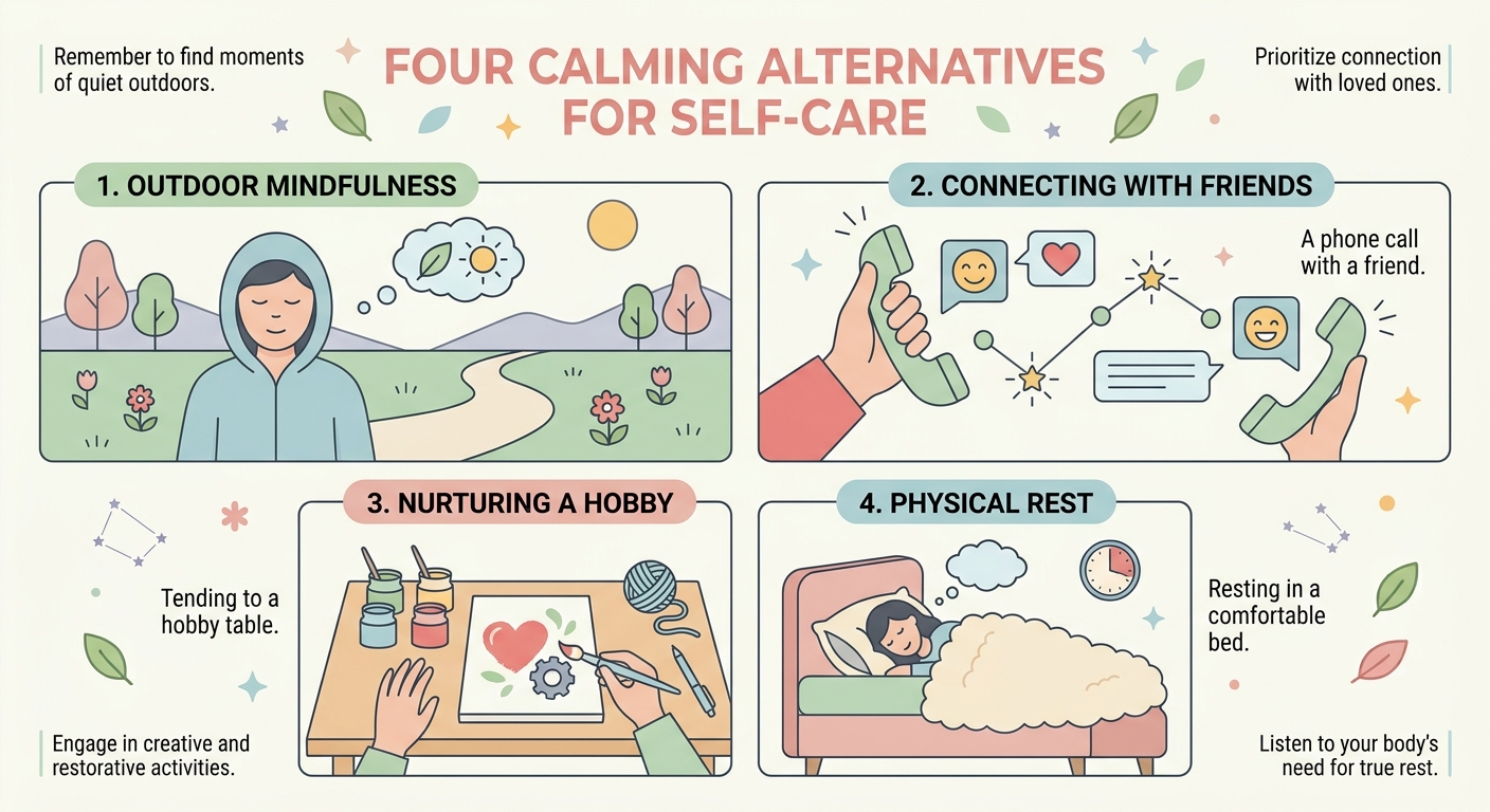 Four small scenes showing a walk outdoors, a friendly phone call, a painting hobby, and resting in bed.