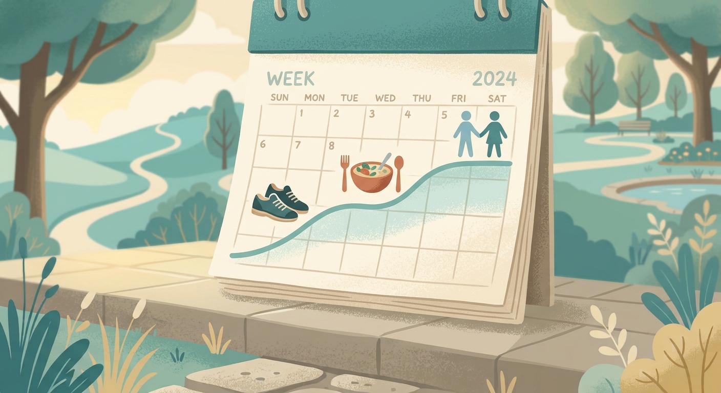 Calendar-style graphic with icons for walking, meals, and social support alongside a gently rising line