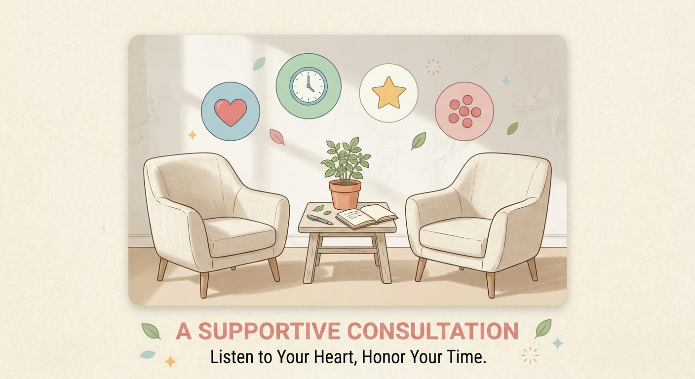 Two chairs facing each other in a calm consultation room with a notebook and plant beside them.