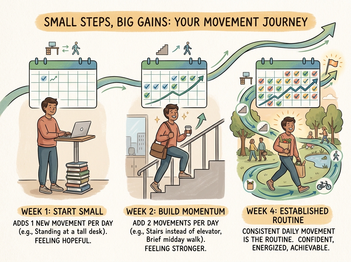 Progressive illustration showing habit-building for daily movement over four weeks, demonstrating incremental increase in NEAT activities and sustainable lifestyle changes