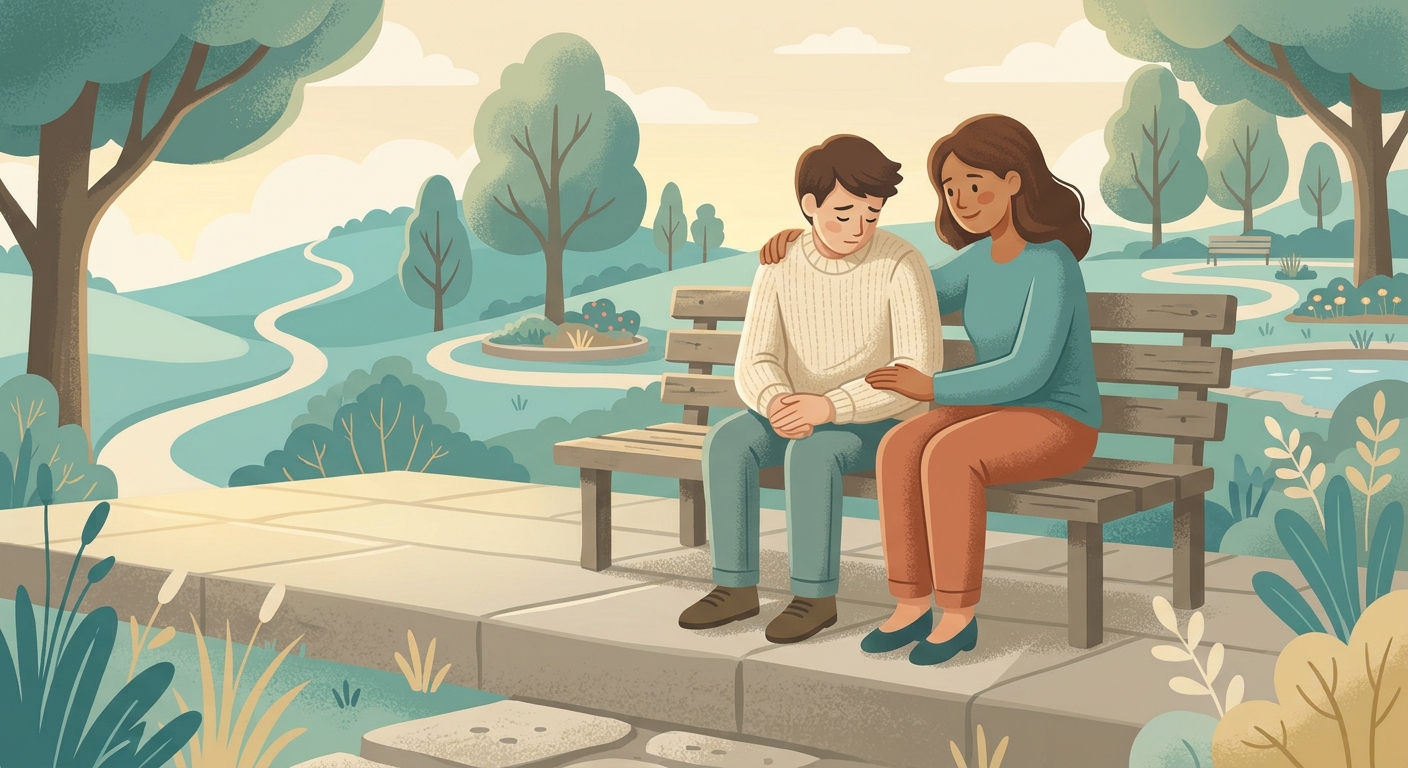 Two friends sitting together on a bench, one offering support to the other