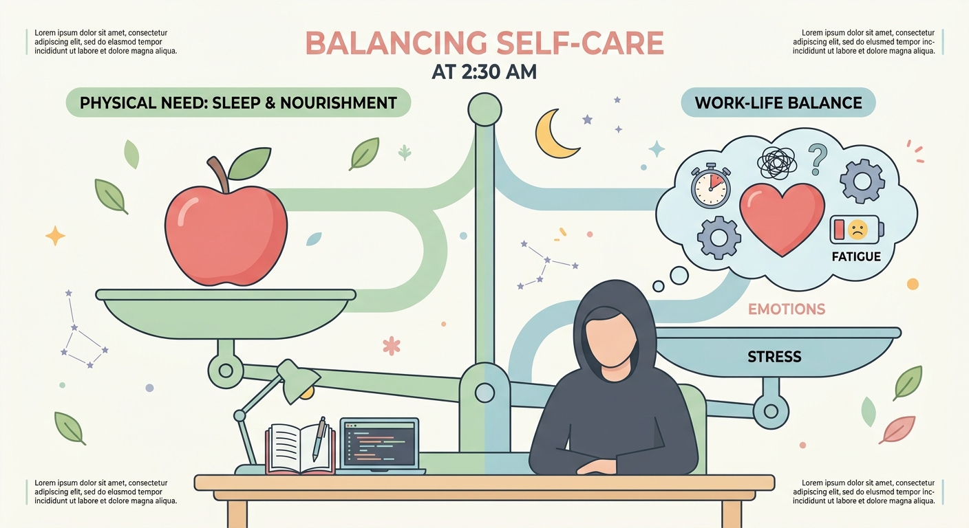 Illustration of a person working late at a desk with a snack, surrounded by small stress and tiredness icons.