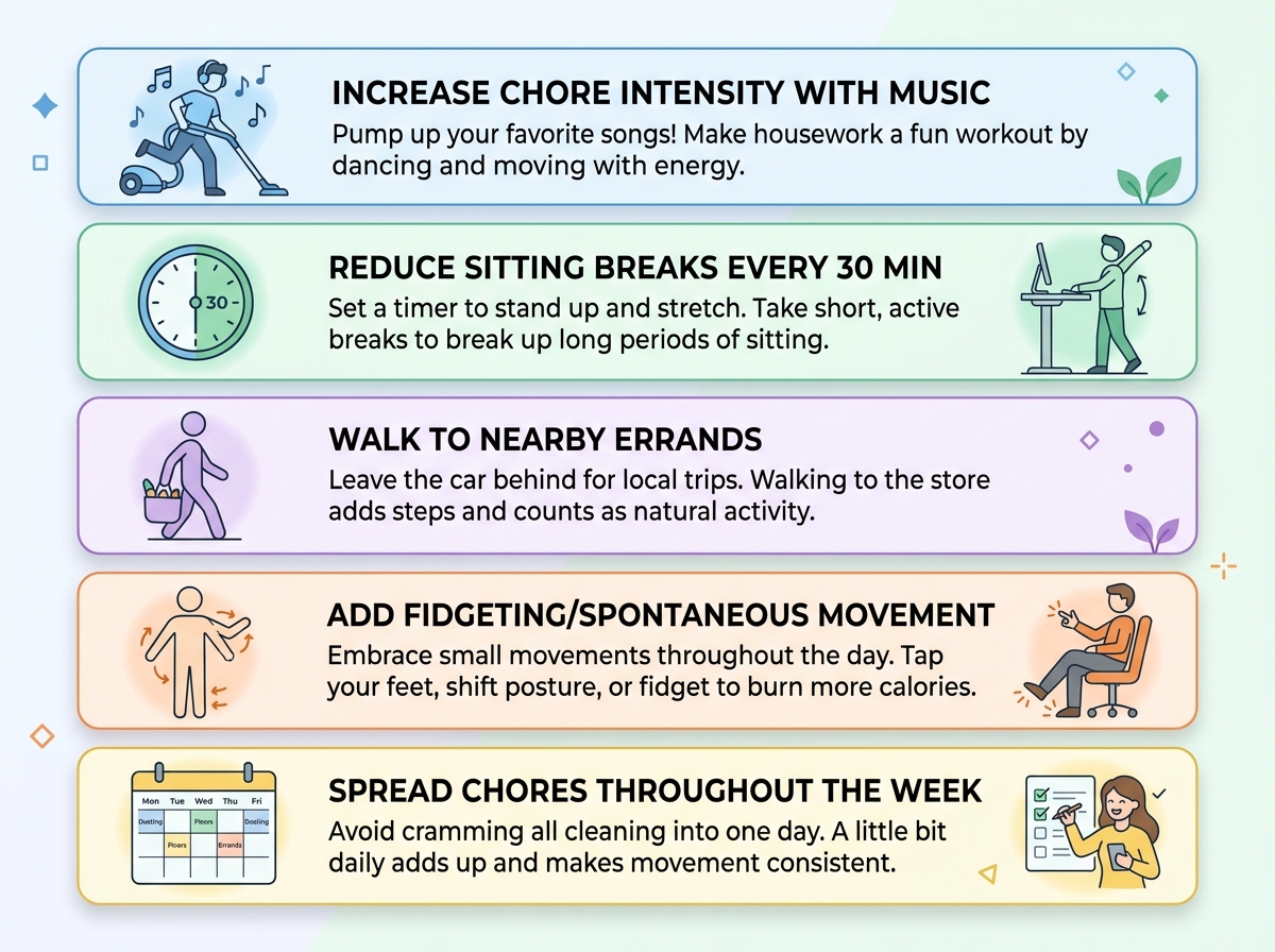 Infographic with five practical strategies to increase daily NEAT including chore intensity, reducing sitting time, active errands, fidgeting, and distributing household tasks throughout the week