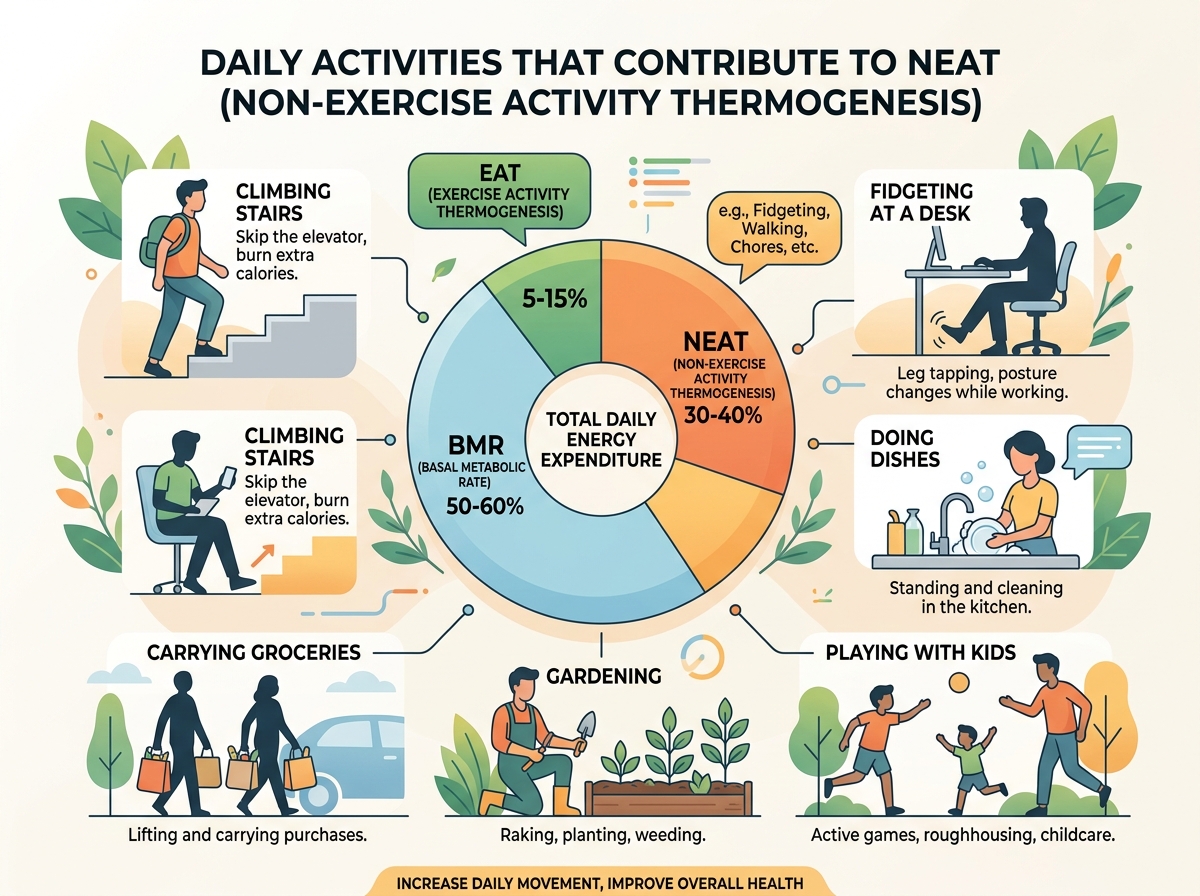 Infographic showing NEAT activities including climbing stairs, household tasks, gardening, and fidgeting, with pie chart showing NEAT comprises 30-40% of daily energy expenditure