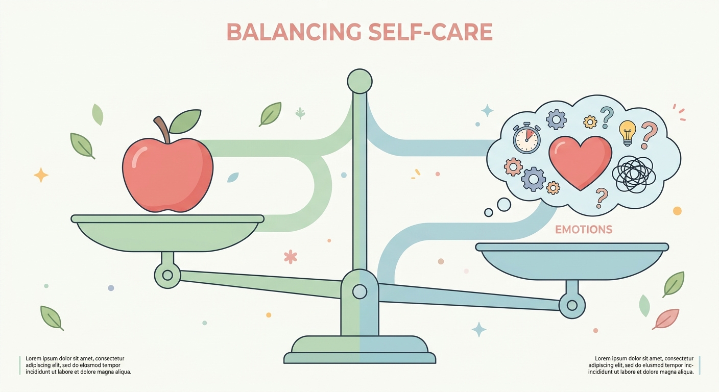 Illustration of a balance scale weighing feelings against food, representing the link between emotions and eating.