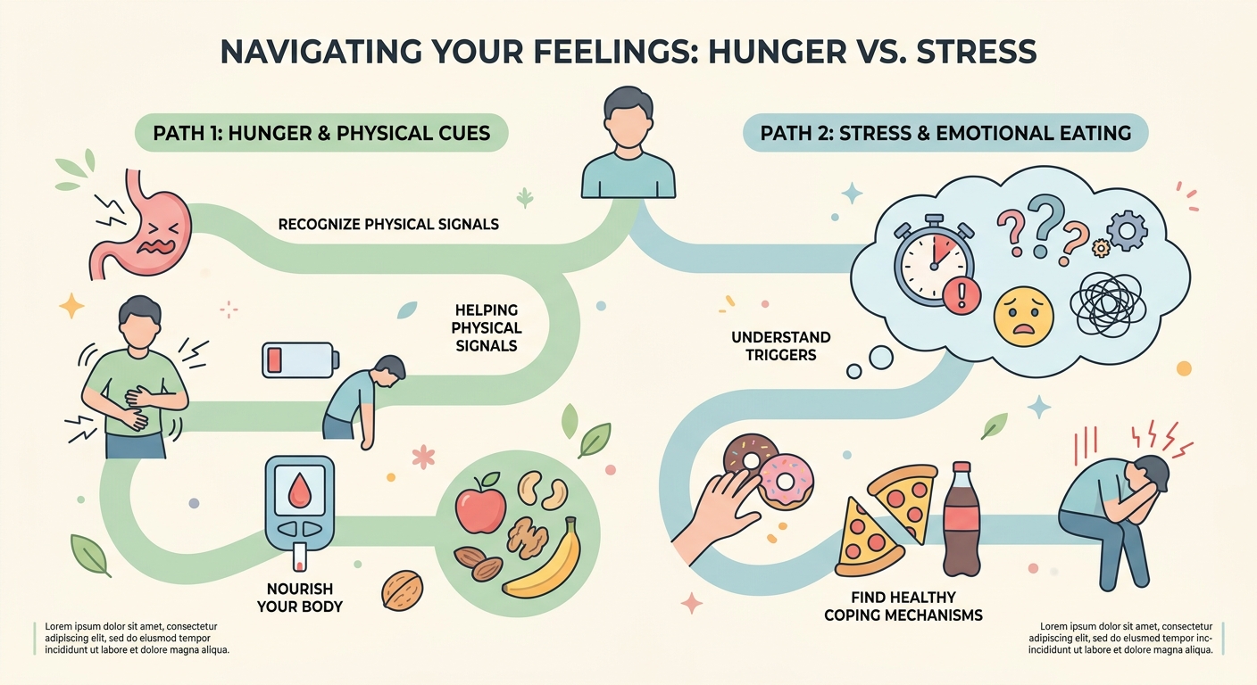 Illustration comparing a stomach signaling physical hunger with a thought bubble representing stress-driven cravings.