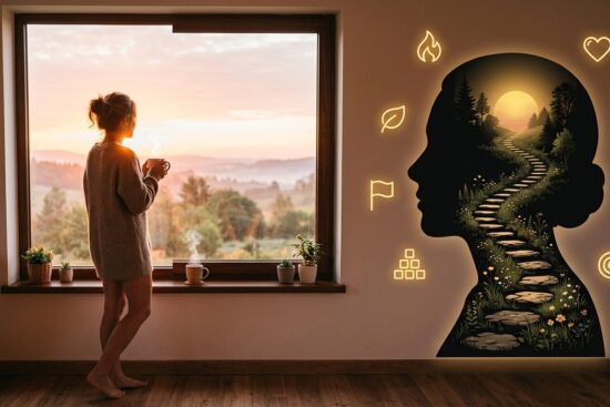 Illustration of a person at a sunrise window beside a head silhouette holding a winding path of stepping stones, representing the mental side of weight management. psychology of weight loss.