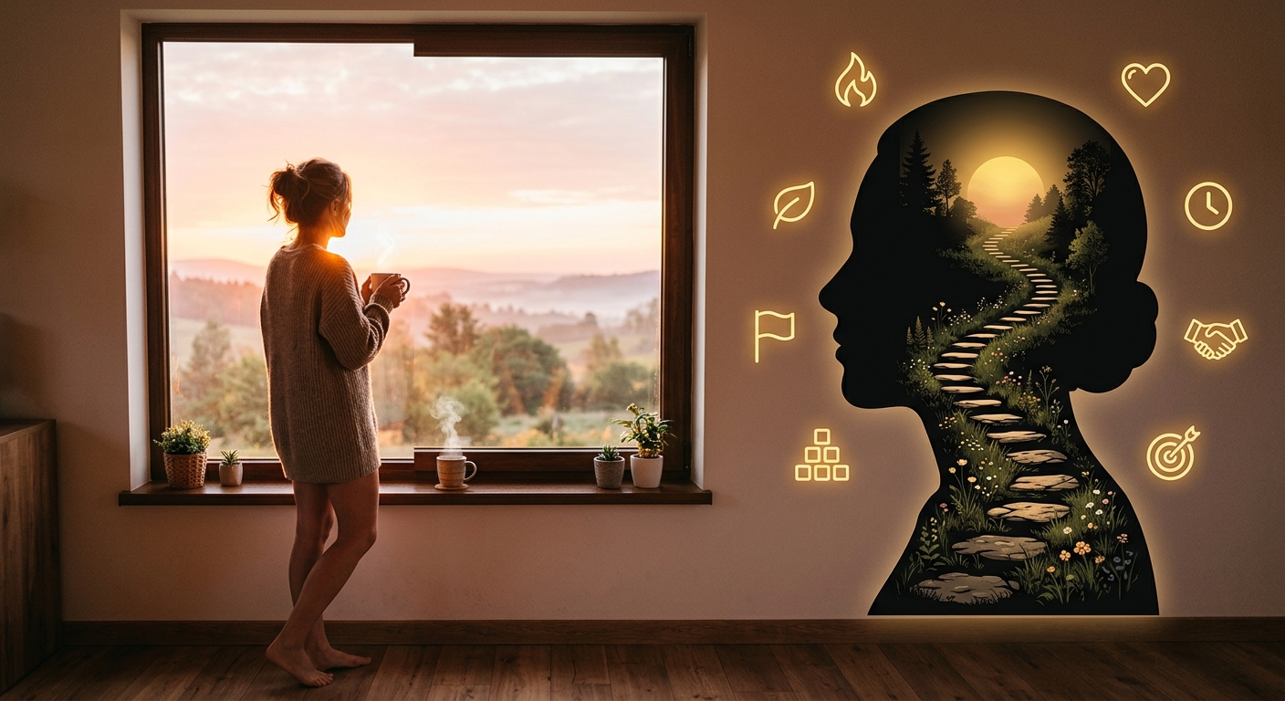 Illustration of a person at a sunrise window beside a head silhouette holding a winding path of stepping stones, representing the mental side of weight management. psychology of weight loss.