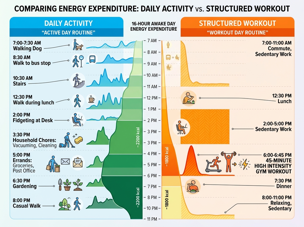 Timeline comparison showing NEAT activities distributed throughout daily routine versus concentrated exercise session, illustrating cumulative daily energy expenditure difference