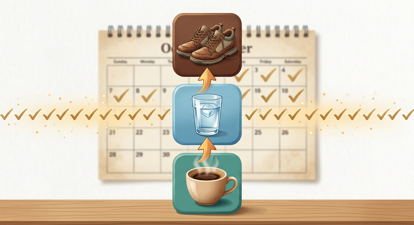 Stack of three icons, a coffee cup, a water glass and walking shoes, showing how new habits attach to existing routines.