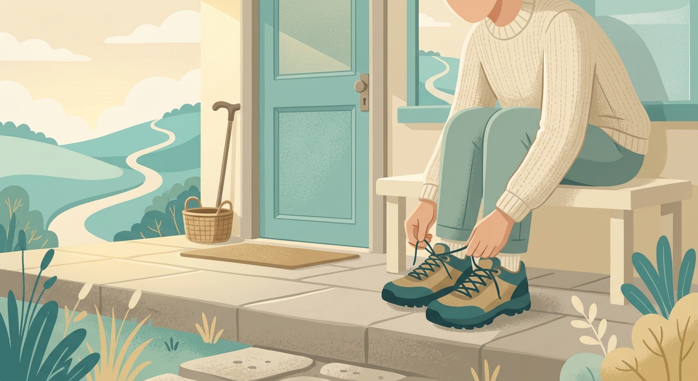 Person tying walking shoes by a doorway in morning light, ready for a short walk
