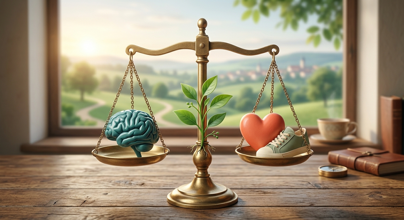 Balance scale with a brain on one side and a heart and walking shoe on the other, showing mind and body working together.