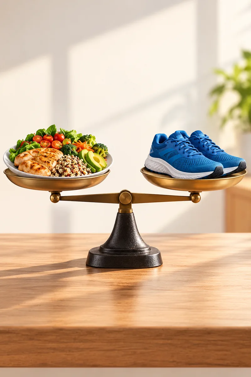 Balance scale with a meal on one side and running shoes on the other