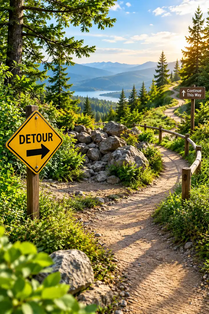 A hiking trail with a yellow detour sign and a “Continue This Way” sign pointing to the path ahead, with mountains and a lake beyond