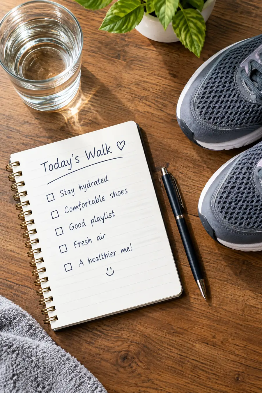 A spiral notebook with a handwritten walking checklist beside a pen, a glass of water, and gray walking shoes on a wooden table