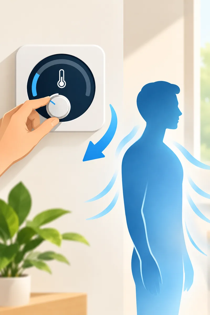Illustration of a thermostat dial lowering beside a human silhouette representing metabolic adaptation