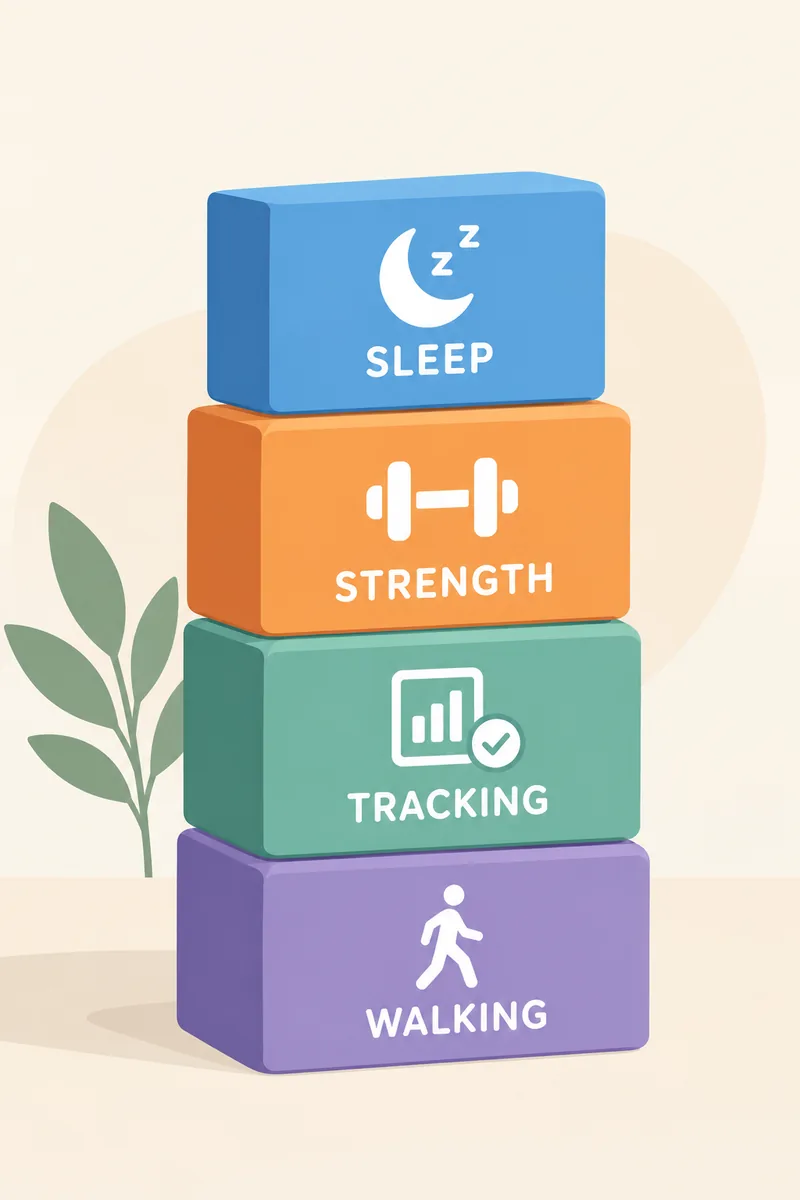 Illustration of stacked blocks representing sleep, strength training, food tracking, and walking
