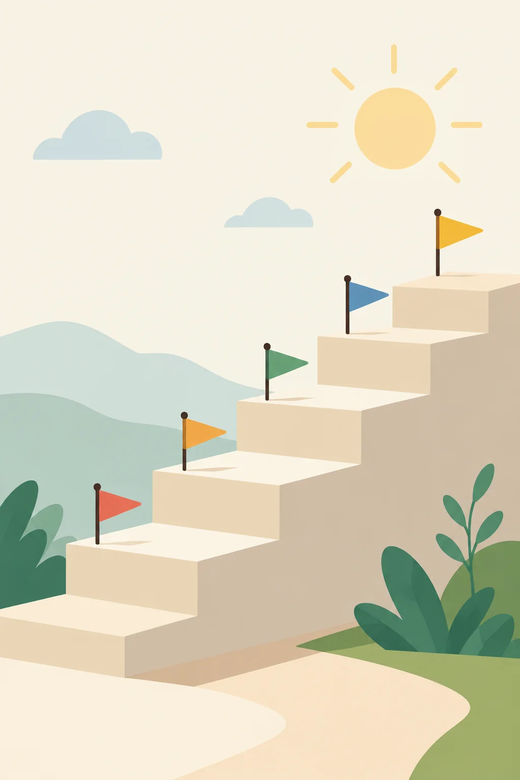 Illustration of a staircase with colorful flags on each step leading toward a sunny sky, representing gradual goals