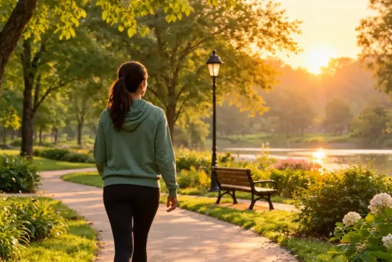 A woman in a green hoodie and black leggings walking along a curving park path beside a lake at sunrise. Weight Loss Motivation.