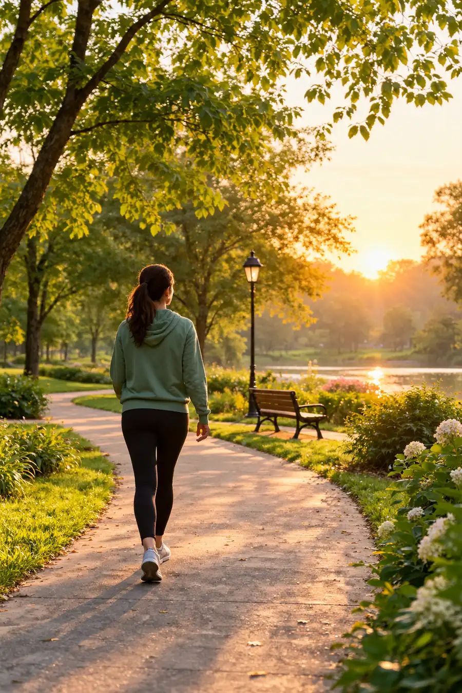 A woman in a green hoodie and black leggings walking along a curving park path beside a lake at sunrise. Weight Loss Motivation.