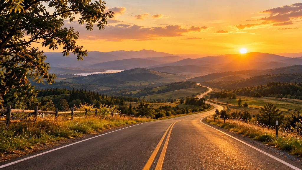 A winding road leading toward distant hills and a setting sun at golden hour