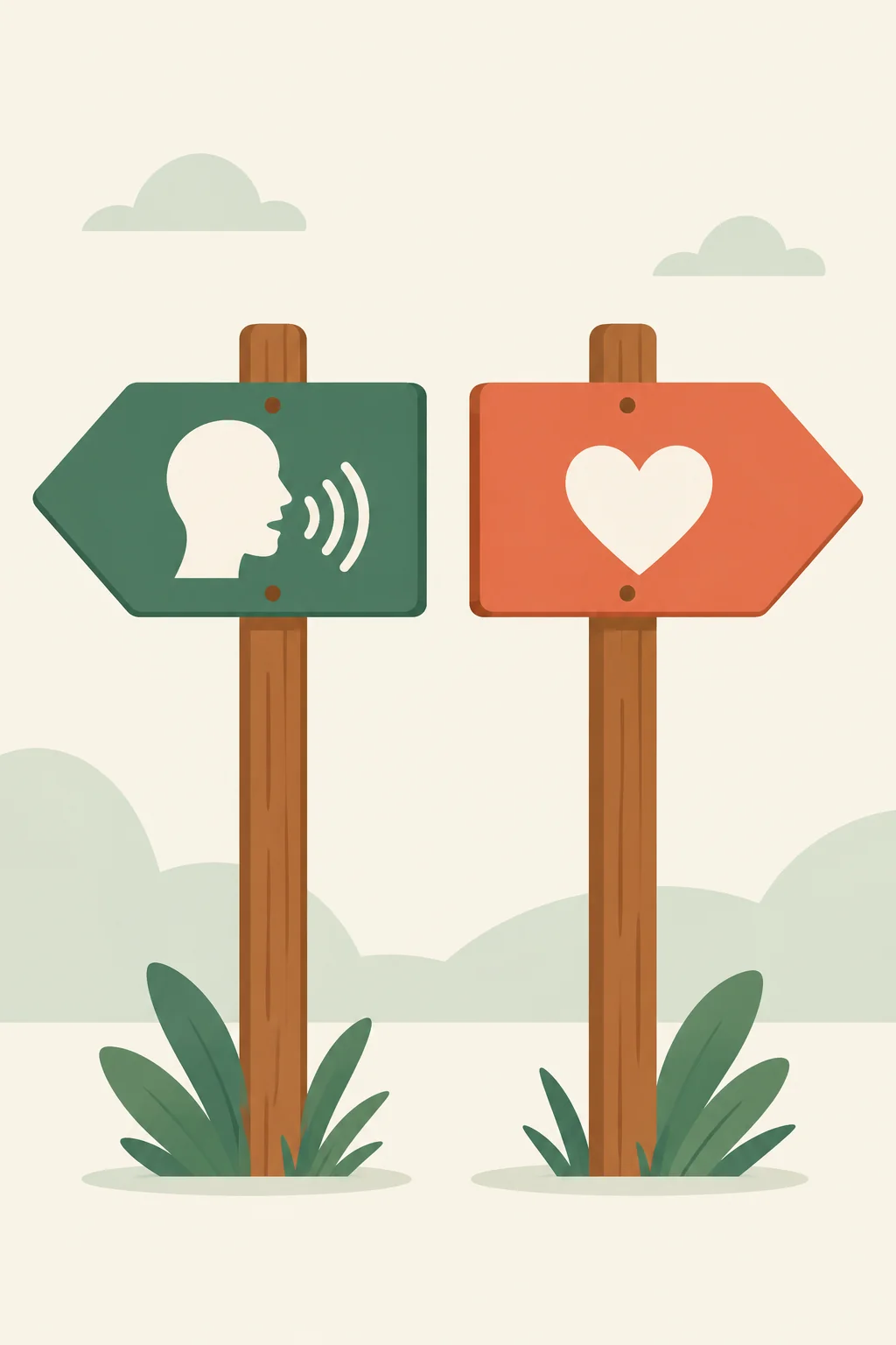 Two wooden signposts side by side, one with a head-and-speech icon for outside pressure and one with a heart icon for personal motivation