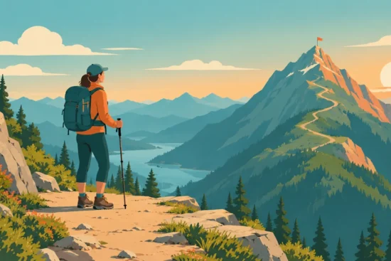 Illustration of a hiker resting on a flat section of a mountain trail with the peak still ahead. weight loss plateau.