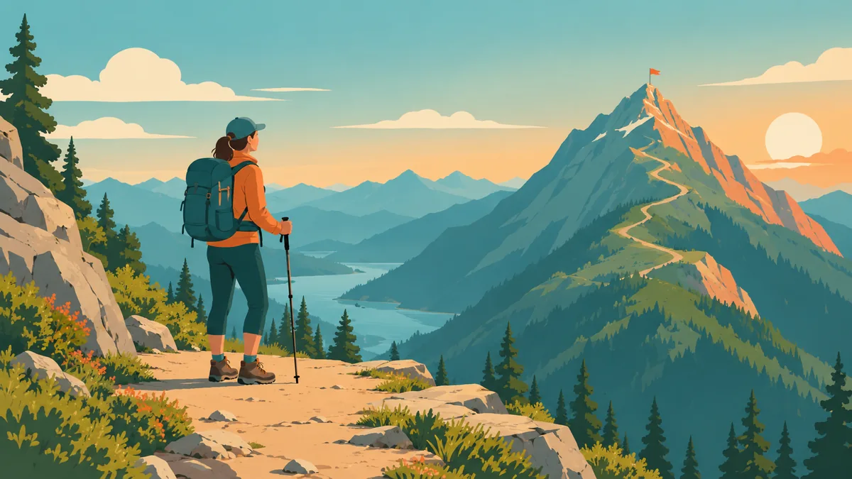Illustration of a hiker resting on a flat section of a mountain trail with the peak still ahead. weight loss plateau.
