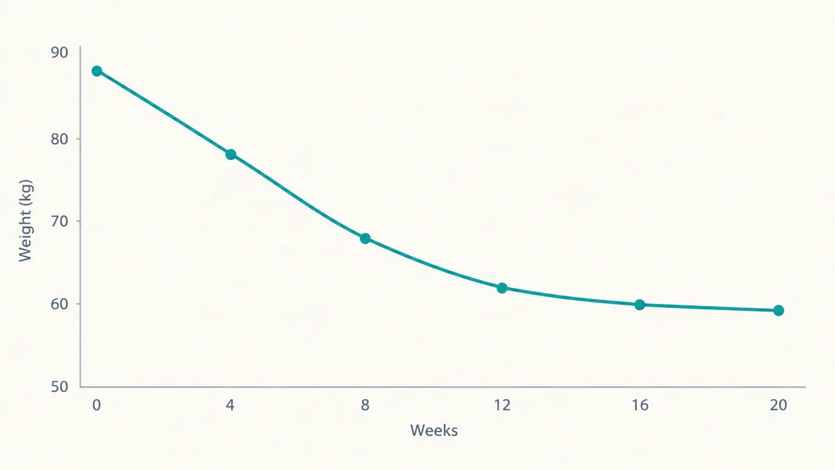 Clean line chart showing weight dropping then flattening, minimal labels, light background